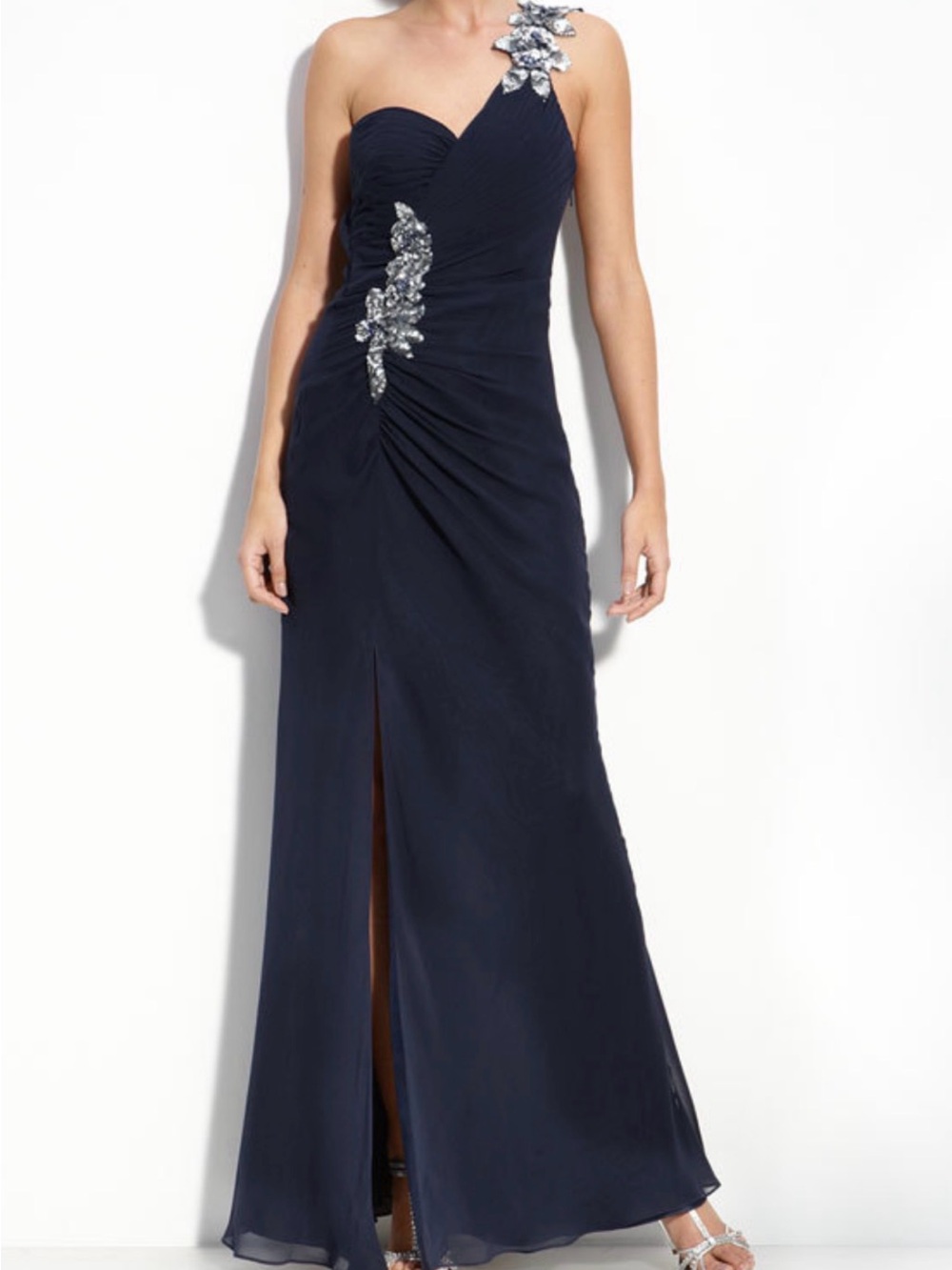 Elegant One-Shoulder Navy Evening Gown with Silver Embellishment Size 0